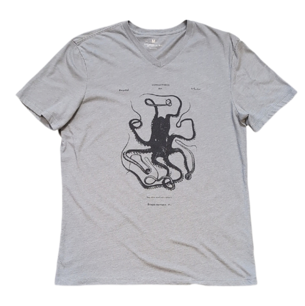 Banana Republic Graphic V-Neck T-shirt Mens Size Medium Grey Kraken Octopus